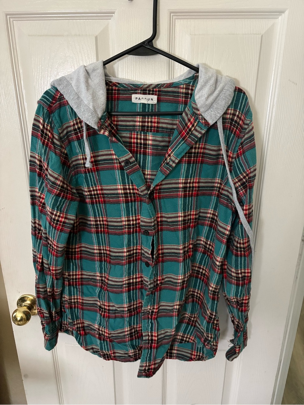 PacSun Teal Red Plaid Hooded Button-Down Shirt